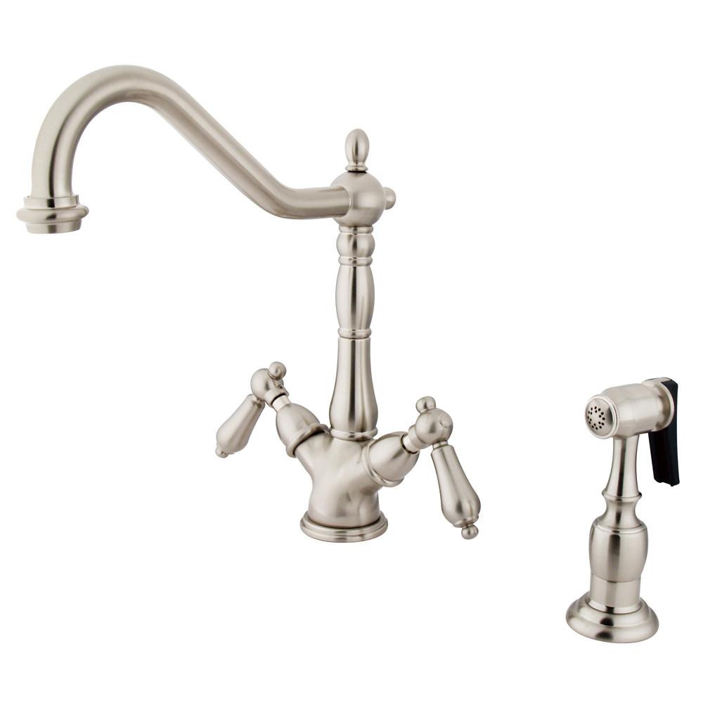 Kingston Satin Nickel 2 Handle Single Hole Kitchen Faucet w Spray KS1238ALBS