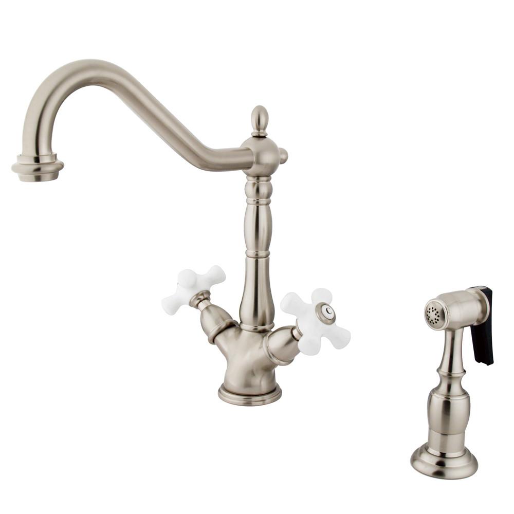 Kingston Satin Nickel 2 Handle Single Hole Kitchen Faucet w Spray KS1238PXBS