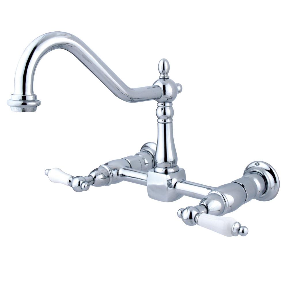 Kingston Brass Porcelain Lever Handle Chrome Wall Mount Kitchen Faucet KS1241PL