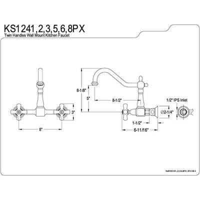 Kingston Brass Porcelain Cross Handle Chrome Wall Mount Kitchen Faucet KS1241PX