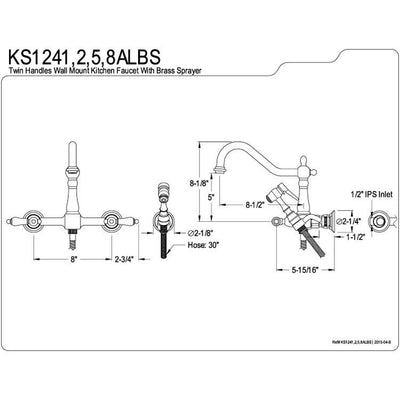 Lever Handle Polished Brass Wall Mount Kitchen Faucet w Sprayer KS1242ALBS