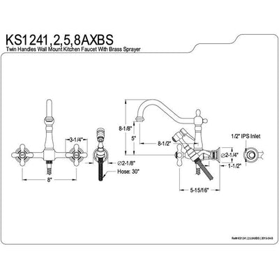 Cross Handle Polished Brass Wall Mount Kitchen Faucet w Sprayer KS1242AXBS