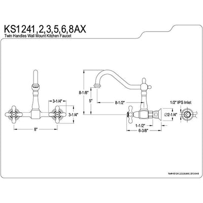 Kingston Brass Cross Handle Polished Brass Wall Mount Kitchen Faucet KS1242AX