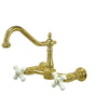 Kingston Porcelain Cross Hdl Polished Brass Wall Mount Kitchen Faucet KS1242PX