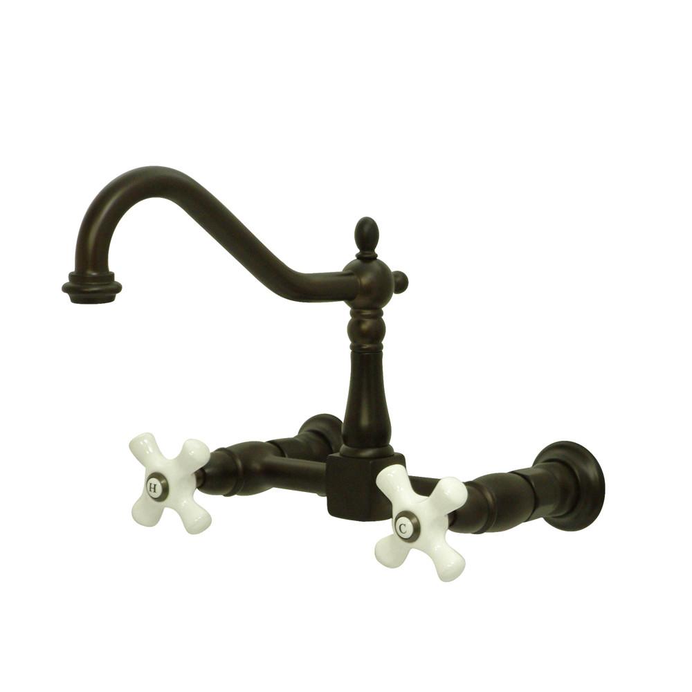 Kingston Porcelain X Handle Oil Rubbed Bronze Wall Mount Kitchen Faucet KS1245PX