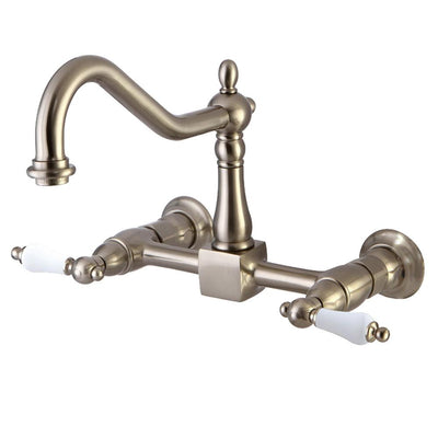 Kingston Porcelain Lever Handle Satin Nickel Wall Mount Kitchen Faucet KS1248PL