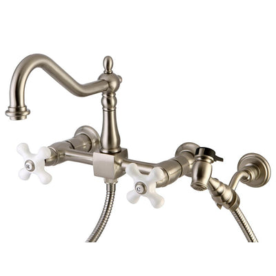 Porcelain Cross Hdl Satin Nickel Wall Mount Kitchen Faucet w Spray KS1248PXBS