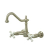 Kingston Porcelain Cross Handle Satin Nickel Wall Mount Kitchen Faucet KS1248PX