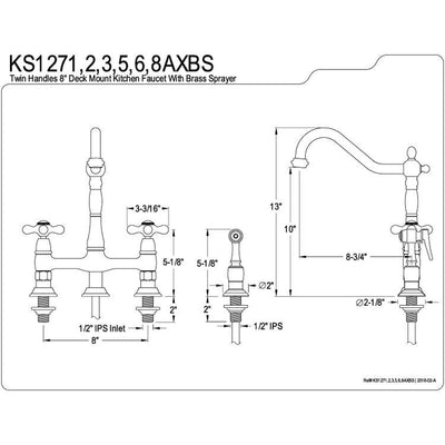 Kingston Polished Brass 8" Centerset Kitchen Faucet With Side Sprayer KS1272AXBS