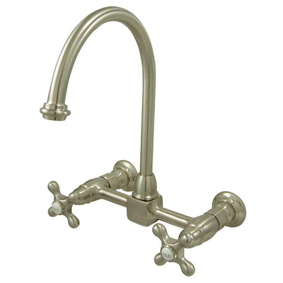 High Arch Metal Cross Handle Satin Nickel Wall Mount Kitchen Faucet KS1298AX