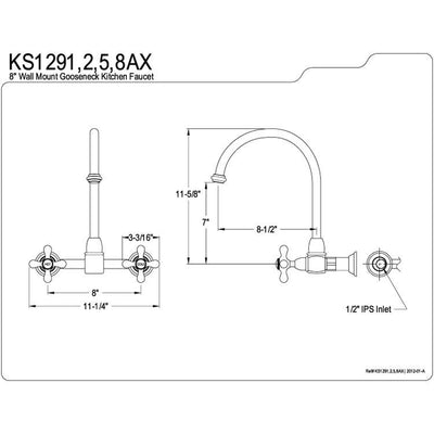 High Arch Metal Cross Handle Satin Nickel Wall Mount Kitchen Faucet KS1298AX