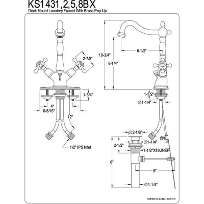 Kingston Polished Brass 2 Handle Single Hole Bathroom Faucet w Drain KS1432BX