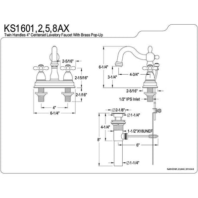 Kingston Polished Brass 2 Handle 4" Centerset Bathroom Faucet w Pop-up KS1602AX