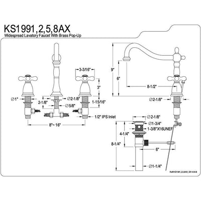 Kingston Brass Chrome 2 Handle Widespread Bathroom Faucet w Pop-up KS1991AX