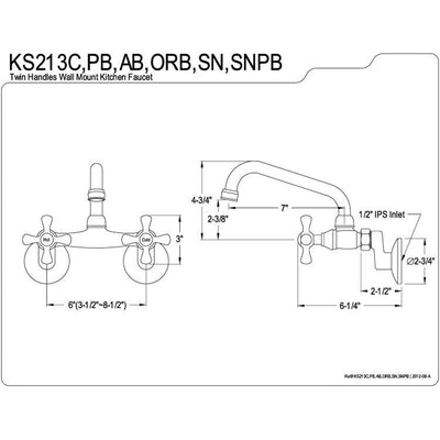 Cross Handle Satin Nickel / Polished Brass Wall Mount Kitchen Faucet KS213SNPB