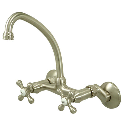 Kingston Hi-Arch Cross Handle Satin Nickel Wall Mount Kitchen Faucet KS214SN