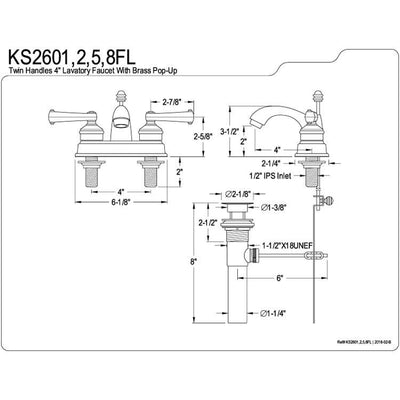 Kingston Polished Brass 2 Handle 4" Centerset Bathroom Faucet w Pop-up KS2602FL