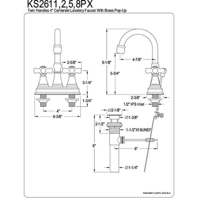 Kingston Satin Nickel 2 Handle 4" Centerset Bathroom Faucet w Pop-up KS2618PX