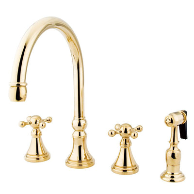 Kingston Polished Brass 8" Deck Mount Kitchen Faucet w Brass Sprayer KS2792KXBS