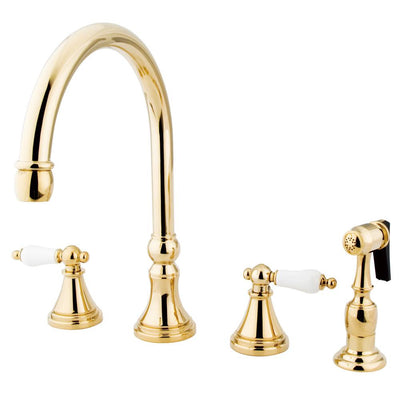 Kingston Polished Brass 8" Deck Mount Kitchen Faucet w Brass Sprayer KS2792PLBS