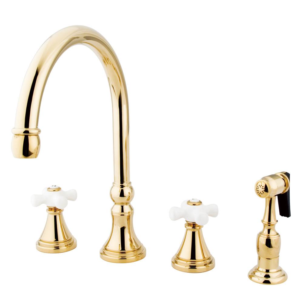 Kingston Polished Brass 8" Deck Mount Kitchen Faucet w Brass Sprayer KS2792PXBS