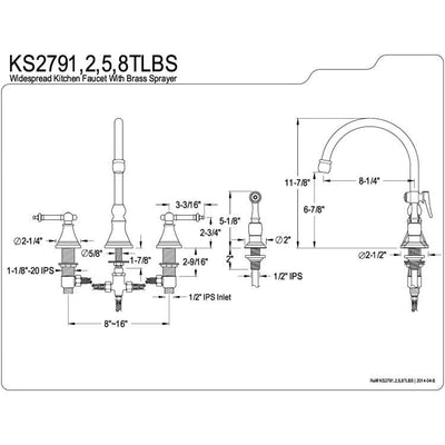 Kingston Polished Brass 8" Deck Mount Kitchen Faucet w Brass Sprayer KS2792TLBS