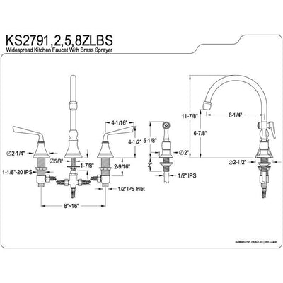 Kingston Satin Nickel Widespread Kitchen Faucet With Brass Sprayer KS2798ZLBS