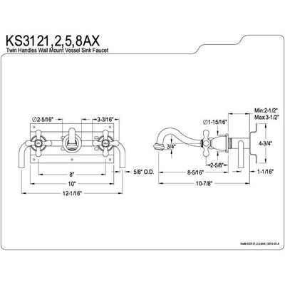 Kingston Brass Metal Cross Handle Chrome Bathroom Wall Mount Faucet KS3121AX