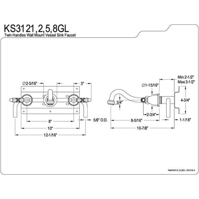 Kingston Brass Metal Lever Handle Chrome Bathroom Wall Mount Faucet KS3121GL