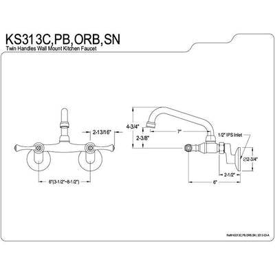 Kingston Oil Rubbed Bronze Magellan 2 handle wall mount kitchen faucet KS313ORB