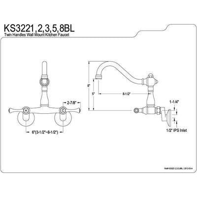 Kingston Brass Metal Lever Handle Chrome Wall Mount Kitchen Faucet KS3221BL