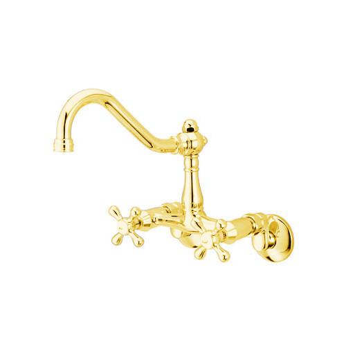 Kingston Brass Cross Handle Polished Brass Wall Mount Kitchen Faucet KS3222AX