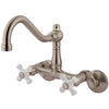 Kingston Porcelain Cross Handle Satin Nickel Wall Mount Kitchen Faucet KS3228PX