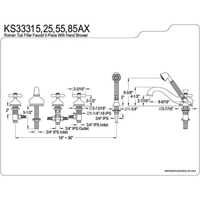 Kingston Chrome 3 handle Roman Tub Filler Faucet with Hand Shower KS33315AX