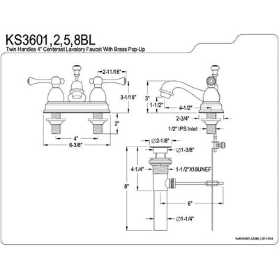 Kingston Brass Chrome 2 Handle 4" Centerset Bathroom Faucet w Pop-up KS3601BL