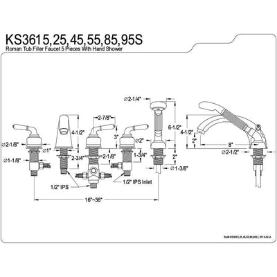 Kingston Chrome Magellan roman tub filler faucet 5 pieces set w/shower KS3615S