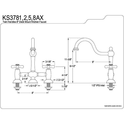 Kingston Brass Chrome 8" centerset Bridge two handle Kitchen Faucet KS3781AX