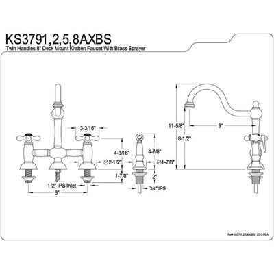 Kingston Chrome 8" centerset Bridge two handle Kitchen Faucet w spray KS3791AXBS