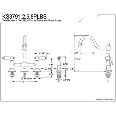 Polished Brass 8" center Bridge two handle Kitchen Faucet w spray KS3792PLBS