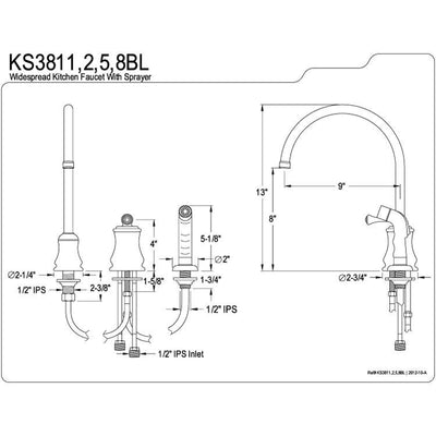 Kingston Chrome Single Handle Widespread Kitchen Faucet with Sprayer KS3811BL