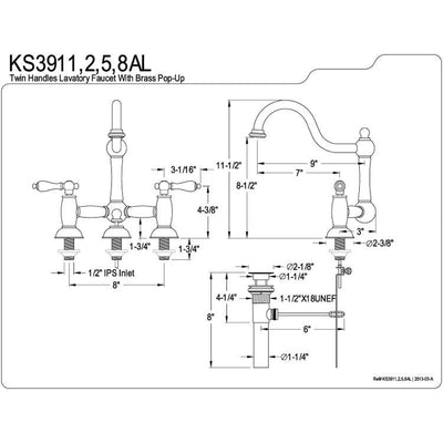 Kingston Brass Chrome 8" Centerset Bridge Bathroom Sink Faucet w/ drain KS3911AL