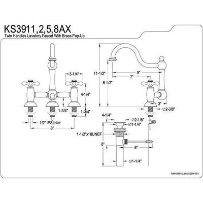 Kingston Brass Chrome 8" Centerset Bridge Bathroom Sink Faucet w/ drain KS3911AX