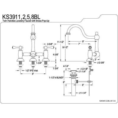 Kingston Satin Nickel 8" Centerset Bridge Bathroom Sink Faucet w drain KS3918BL