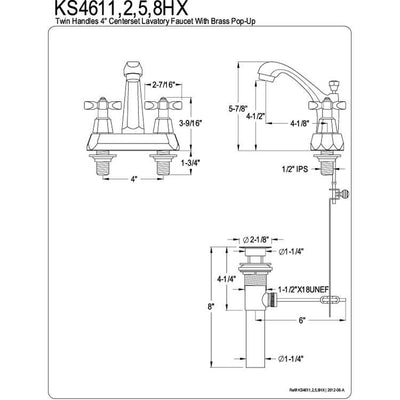 Kingston Brass Chrome 2 Handle 4" Centerset Bathroom Faucet w Pop-up KS4611HX