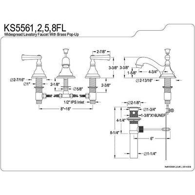 Kingston Polished Brass Royale 2 Hdl Widespread Bathroom Faucet w drain KS5562FL