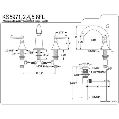 Kingston Polished Brass Royale 2 Hdl Widespread Bathroom Faucet w drain KS5972FL