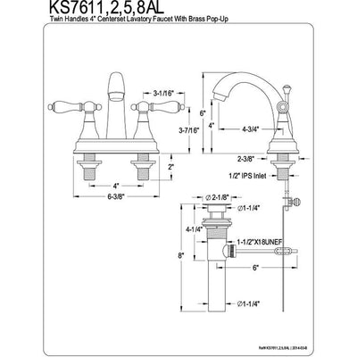 Kingston Brass Chrome 2 Handle 4" Centerset Bathroom Faucet w Pop-up KS7611AL