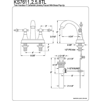 Kingston Brass Chrome Templeton High Rise 4" Centerset Bathroom Faucet KS7611TL