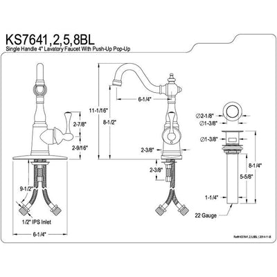 English Vintage Satin Nickel 1 hdl Bathroom Faucet w\ Push down drain KS7648BL