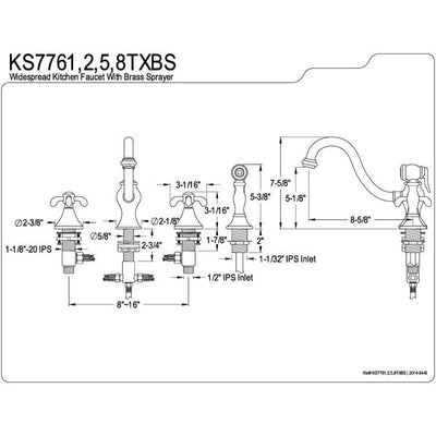 Kingston Chrome French Country 8" Widespread Kitchen Faucet w Sprayer KS7761TXBS